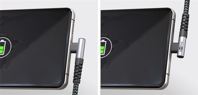 Kábel USB 2.0 Typ C AM/CM 1m, High Speed, Power Delivery 60w 20V3A, čierny/sivý, zahnutý 90°