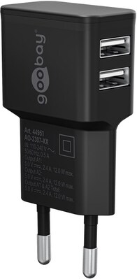 Nabíjačka USB 230V 2port, 2xUSB A, 2.4A, 12W, čierna