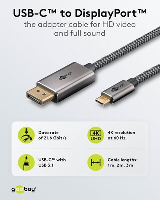 Kábel USB 3.1 Typ C na DisplayPort M/M 1m, gen.2, 4K@60Hz, čierny/sivý, oplet, pozl. konektor