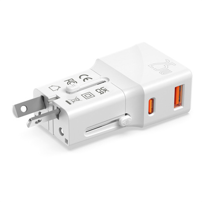 Nabíjačka USB 230V 2port, EU/UK/US, 1xUSB A, 1xUSB Typ C, 25W, PD, QC 3.0, cestovná/skladacia, biela