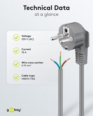 Kábel sieťový 230V, vidlica (CEE7/7) lomená - dutinky, 1.5m, 0.75mm², 16A, surový, sivý