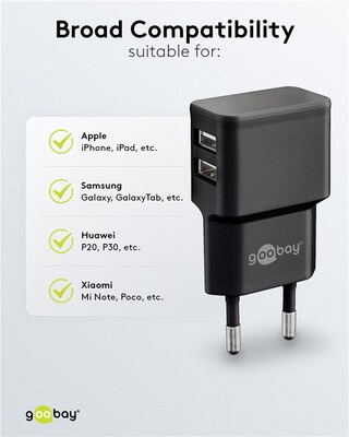 Nabíjačka USB 230V 2port, 2xUSB A, 2.4A, 12W, čierna