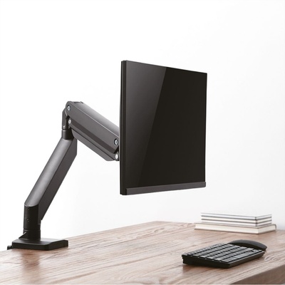 Držiak pre monitor na stôl, úchyt o dosku, pneumatický, max 15kg, rameno 526mm, VESA75/100, čierny