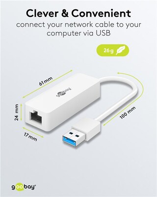 Adaptér USB 3.2 Gen 1 na RJ45 (Gigabit Ethernet), 10cm, biely
