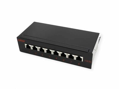 Patch panel 8port cat.5e, tienený s uzemnením, celokovový, montáž na stenu, 1U, čierny