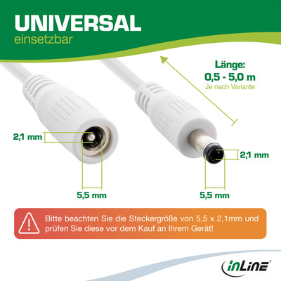 Kábel predlžovací DC 5.5mm / 2.1mm, AWG18, 5m, biely