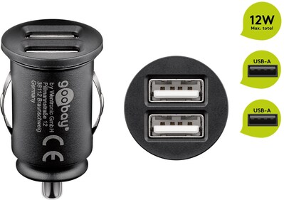 Nabíjačka USB do auta 2port, 2xUSB A, 2.4A, 12W, mini, čierna