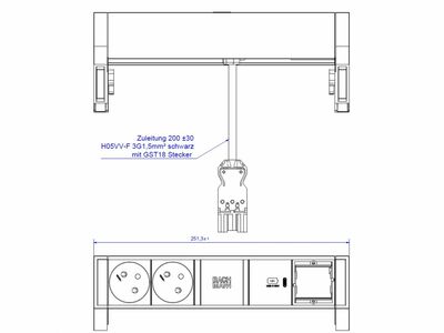 DESK2 2xUTE 230V, 1xCustom, nabíjačka (USB C, 30W), 0.2m kábel 1.5mm², GST18, biely/čierny