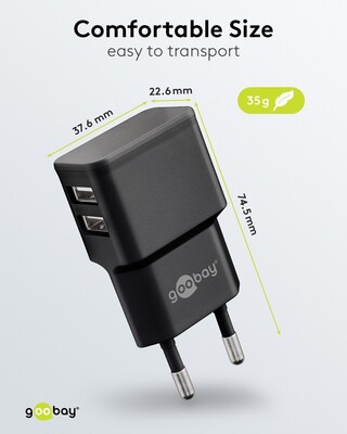 Nabíjačka USB 230V 2port, 2xUSB A, 2.4A, 12W, kábel USB AM/Micro-B 1m v balení, čierna
