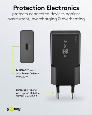 Nabíjačka USB 230V 1x USB Typ C, 20W, GaN, Power Delivery, slim, čierna