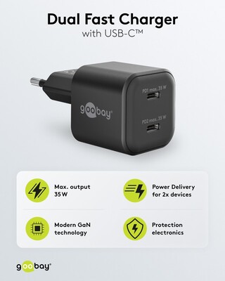 Nabíjačka USB 230V 2port, 2xUSB Typ C, 35W, Power Delivery, GaN, čierna