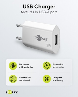 Nabíjačka USB 230V 1port, 1xUSB A, 1A, 5W, SLIM, biela