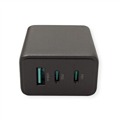 Nabíjačka USB 230V 3port, 1xUSB A, 2xUSB Typ C, 65W, Power Delivery, GaN, čierna