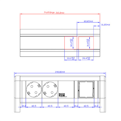DESK 2xSCHUKO 230V, 1xCustom, GST18 IN/OUT, hliník/čierny