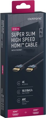 Kábel HDMI M/M 0.5m, High Speed+Eth, 4K@60Hz, HDMI 2.0, 18G, pozl. konektor, modrý, Slim, C