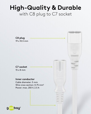 Kábel sieťový 230V 2pin C7 - C8 predlžovací, 2m, 0.75mm², 2.5A, biely