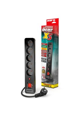 Predlžovačka 5m s 5 záuvkami a vypínačom, 1mm², prepäťová ochrana, čierna, ACARX5