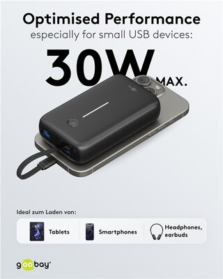 Power Bank 20000mAh, QC 3.0, LED display, zabudovaný kábel USB Typ C 0.13m, 12x7x3cm, čierna