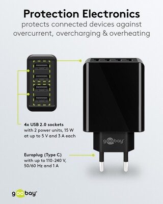 Nabíjačka USB 230V 4port, 4xUSB A, 3A, 30W, čierna
