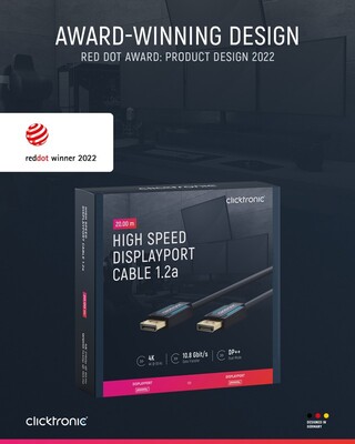 Kábel DisplayPort M/M 20m, 4K@60Hz, DP v1.2, 21.6Gbit/s, modrý, pozl. konektor, ClickTronic