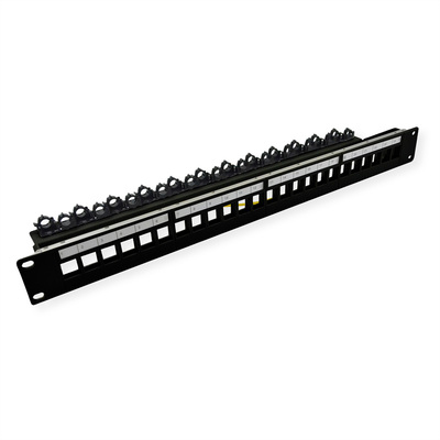 19" Patch panel 24port Keystone, tienený s uzemnením, celokovový, klipsové úchytky, 1U, čierny