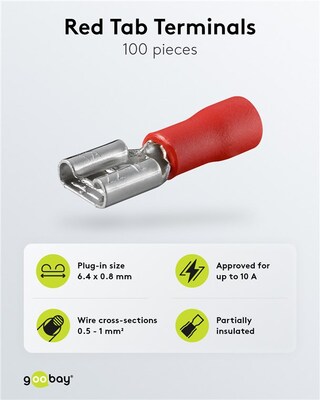 Plochý nasúvací konektor FASTON samica, 6.4mm/0.8mm, 10A, izolovaný, červený, 100ks/bal