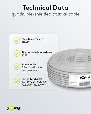 Kábel koax. návin 100m, RG59, 75 Ohm, 4x tienený, 120 dB, 6.9mm, CCS, biely