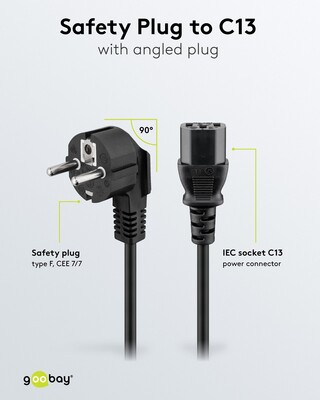 Kábel sieťový 230V, vidlica (CEE7/7) lomená - C13, 2m, 0.75mm², 10A, čierny
