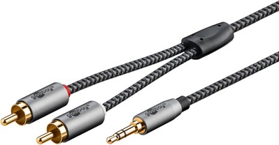 Kábel 3.5mm stereo/2xCinch M/M 2m, čierny/sivý, pozl. konektor