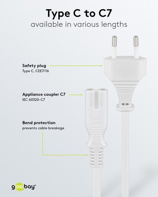 Kábel sieťový 230V, 2pin vidlica (CEE7/16) priama - C7 (2pin), 1.8m, 0.75mm², 2.5A, biely