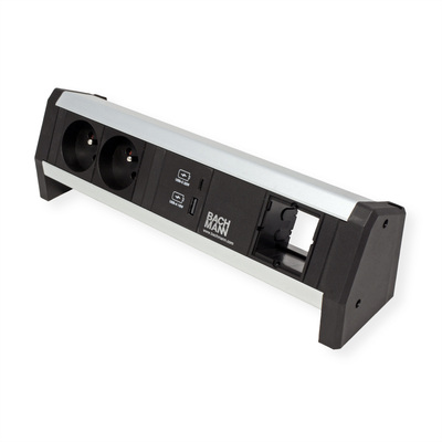 DESK 2xUTE 230V, 1xCustom, nabíjačka (USB A + USB C), GST18 IN/OUT, hliník/čierny