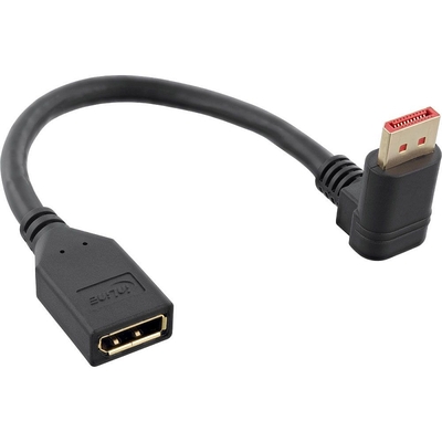 Adaptér DisplayPort 1.4 M/F, 4K8K, 15cm čierny, zahnutý konektor 90° dole