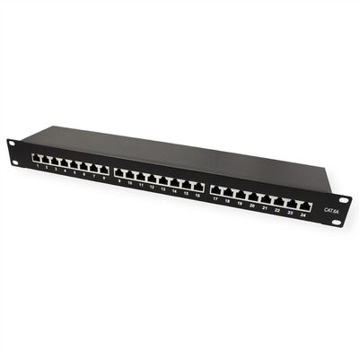 19" Patch panel 24port cat.6a, tienený s uzemnením, celokovový, 1U, čierny