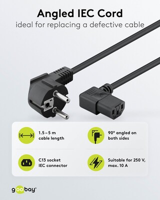 Kábel sieťový 230V, vidlica (CEE7/7) lomená - C13 zahnutý (doprava), 2m, 0.75mm², 10A, čierny