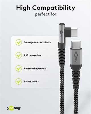 Kábel USB 2.0 Typ C CM/CM 1m, High Speed, Power Delivery 60w 20V3A, čierny/sivý, zahnutý 90°