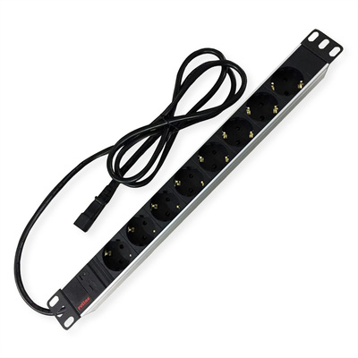 19" zásuv. lišta 8xSCHUKO, konektor C14, 10A, 2300W, 2m, čierna/sivá