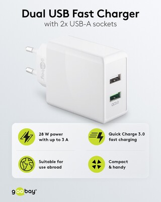Nabíjačka USB 230V 2port, 2xUSB A, 28W, Quick Charge 3.0, biela