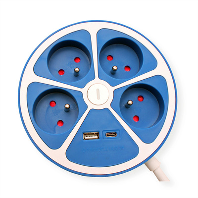 Predlžovačka 3m s 4 zásuvkami, s vypínačom, 1.50mm², USB nabíjačka A+C, modrá/biela