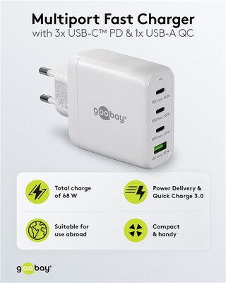 Nabíjačka USB 230V 4port, 1xUSB A, 3xUSB Typ C, 68W, Power Delivery, GaN, čierna