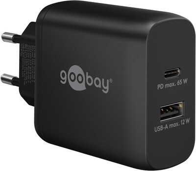 Nabíjačka USB 230V 2port, 1xUSB A 2.0, 1xUSB C (Power Delivery), 65W, GaN, čierna