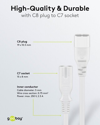 Kábel sieťový 230V 2pin C7 - C8 predlžovací, 2m, 0.75mm², 2.5A, biely