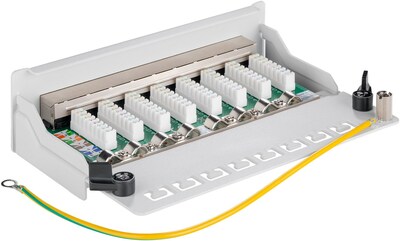 Patch panel 8port cat.5e, tienený s uzemnením, celokovový, montáž na stenu, 1U, sivý