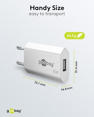 Nabíjačka USB 230V 1port, 1xUSB A, 1A, 5W, SLIM, biela