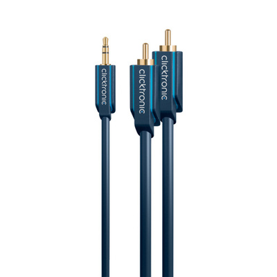Kábel 3,5mm stereo/2xCinch M/M 2m, modrý, pozl. konektor, ClickTronic