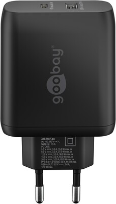 Nabíjačka USB 230V 2port, 1xUSB A 2.0, 1xUSB C (Power Delivery), 65W, GaN, čierna