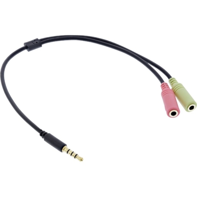 Kábel 3,5mm 4pin audio jack/2x3,5mm stereo M/F, 25cm slúchadlo+mikrofón, čierny, pozl. konektor