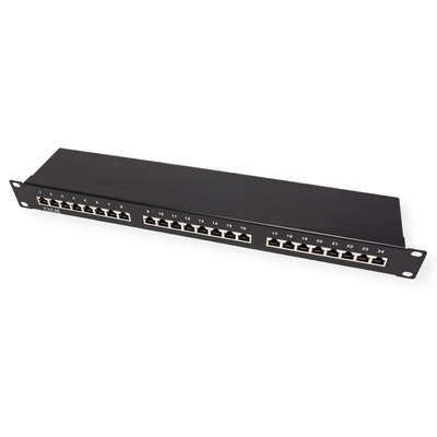 19" Patch panel 24port cat.5e, tienený s uzemnením, celokovový, 1U, čierny