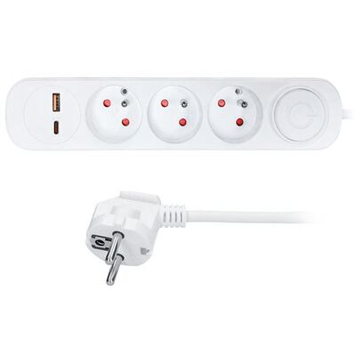 Predlžovačka 2m s 3 zásuvkami, s vypínačom, 1.00mm², USB nabíjačka A+C 20W, biela