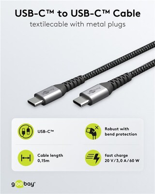 Kábel USB 2.0 Typ C CM/CM 0.15m, High Speed, Power Delivery 60w 20V3A, čierny/sivý