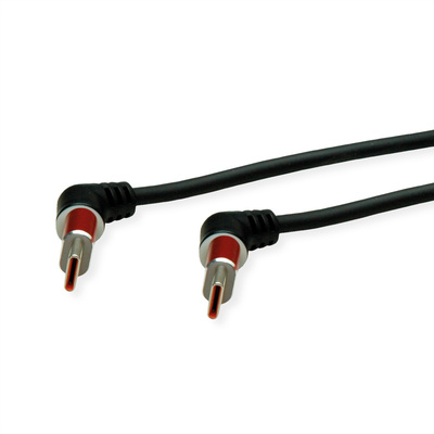 Kábel USB 2.0 Typ C CM/CM 2m, High Speed, čierny/červený, uhľový 90°, otočné konektory